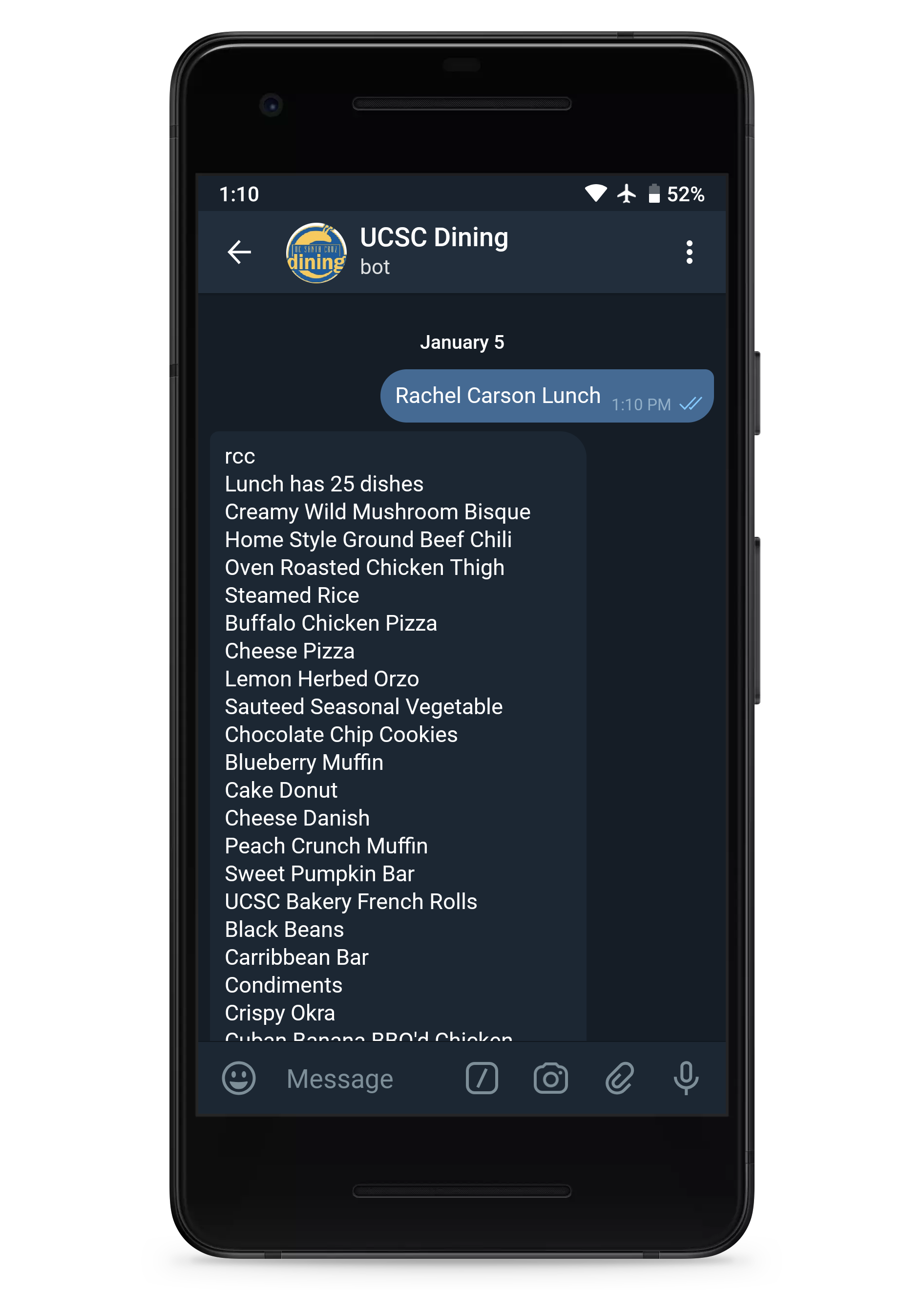 Screenshots | UCSC Slug Dining Chat Bot